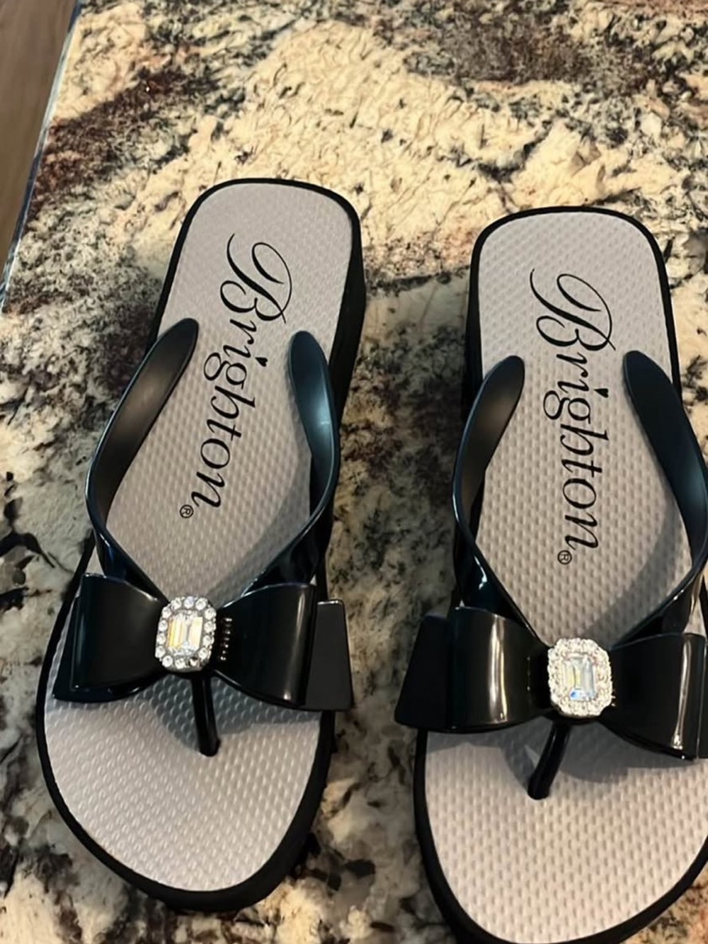 Brighton Black Bow Thong Sandals with Jeweled Accent